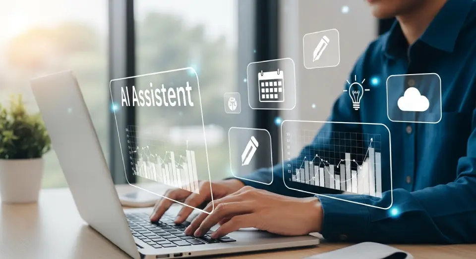 Profissional usando notebook com assistente de IA para organizar tarefas no trabalho.