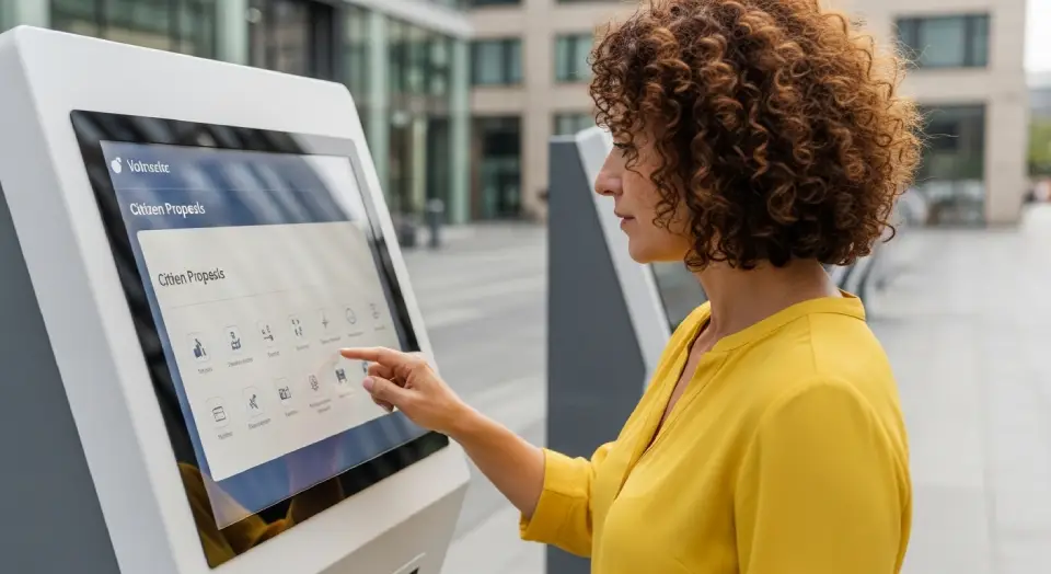 Uma mulher votando em um painel digital com propostas públicas
