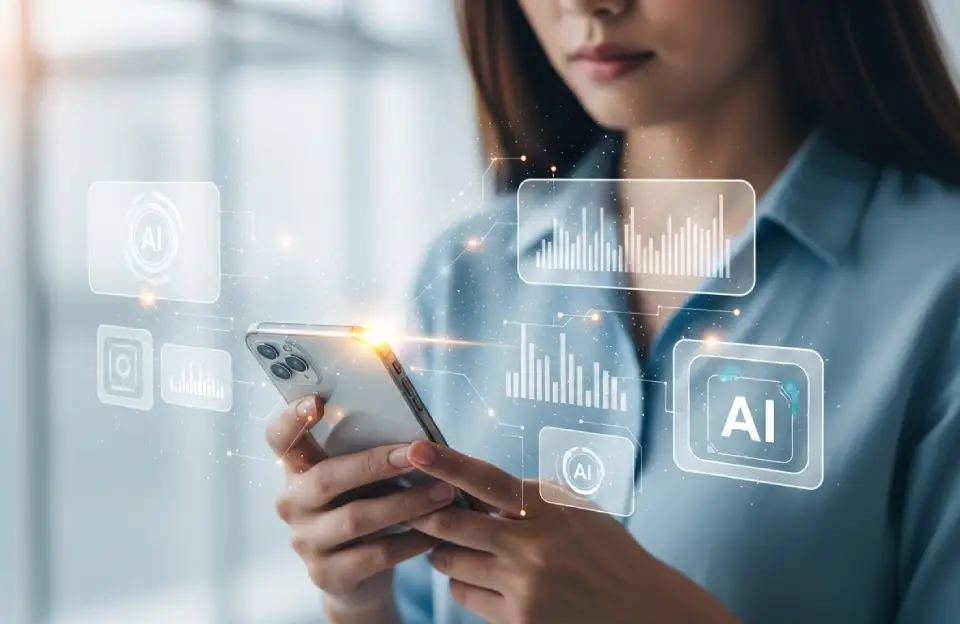 Usuária interagindo com iPhone em ambiente moderno, com efeitos visuais que representam a Apple Intelligence integrada ao dispositivo.